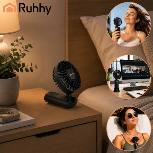Černý přenosný mini ventilátor 4v1 ruční stolní a na krk, 4 rychlosti, aku 2400 mAh, výdrž 3–9h, USB-C