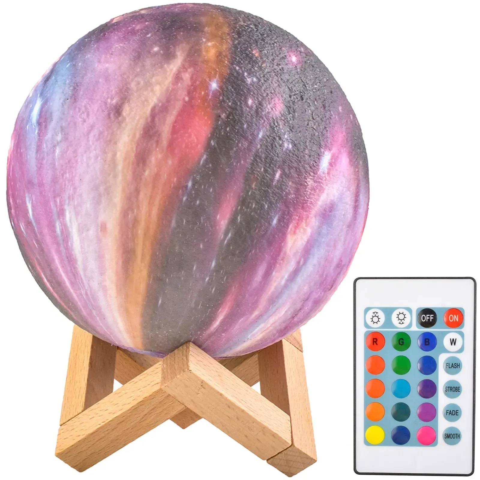 LED nočna svetilka Luna 15 cm, 3D tisk, 16 barv, 4 načini, daljinsko in dotikovno upravljanje, USB, leseno stojalo