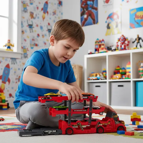 Zestaw - Ciężarówka z lawetą i 6 autkami