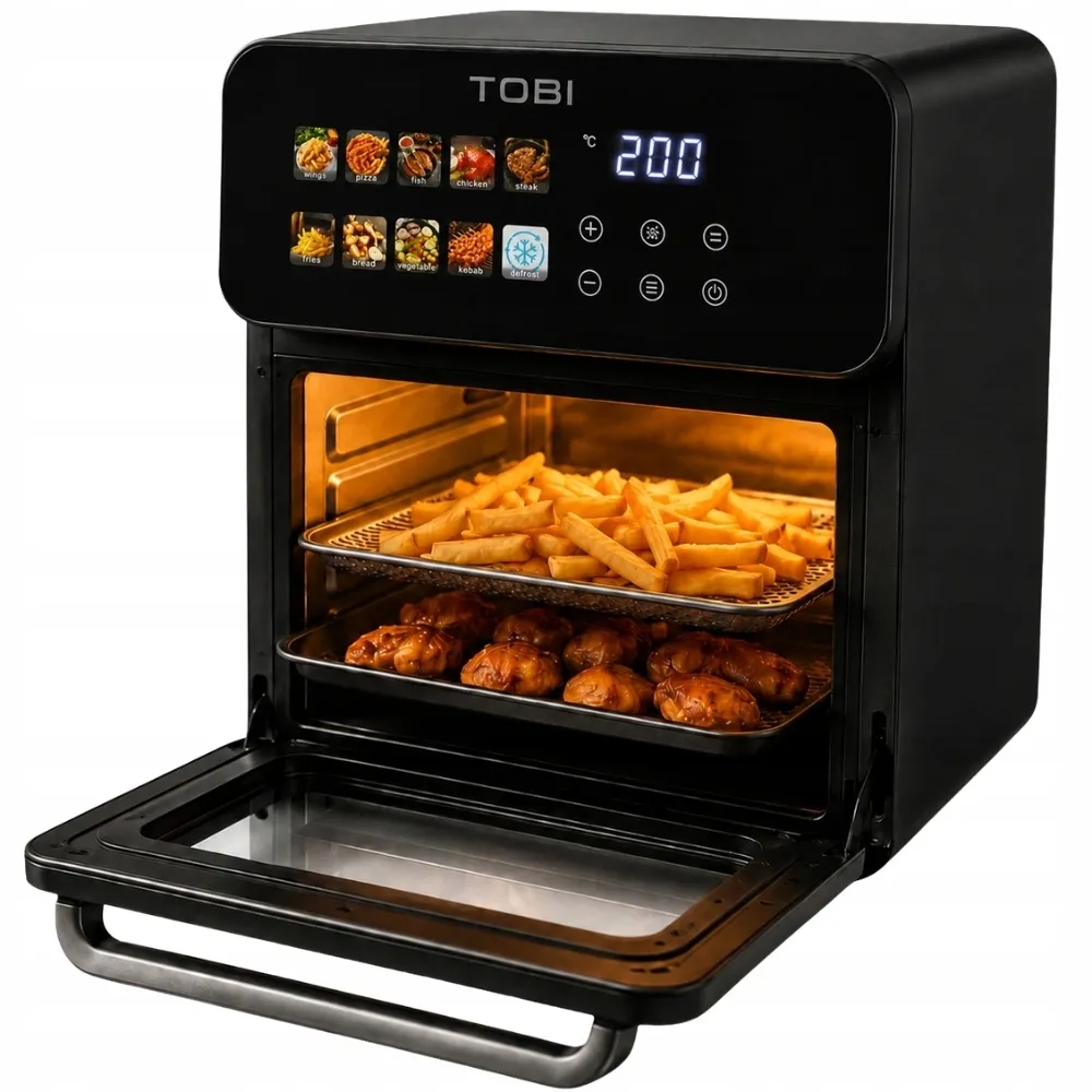 Černá horkovzdušná fritéza bez oleje 16l 2400W s dotykovým panelem, 10 programů, cirkulace 360, teplota 80–200 C, prosklená dvířka