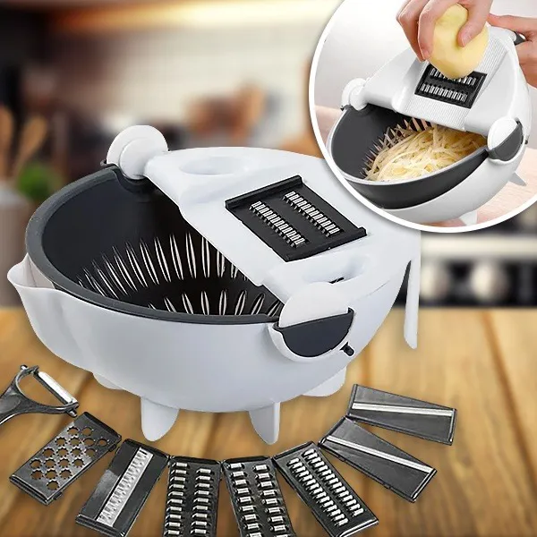 Multifunkční kráječ zeleniny 9v1 s miskou a cedníkem, 6 nerezových nástavců, struhadlo a škrabka