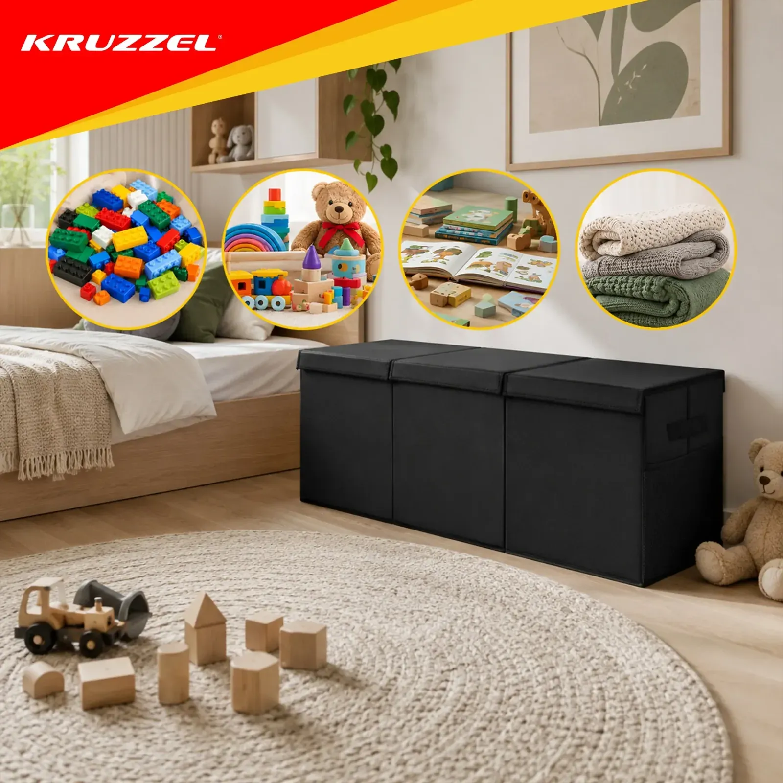 Cutie pliabilă neagră pentru jucării, cu capac, despărțitor, buzunare laterale și mânere textile