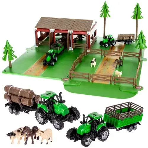 Dětská farma 102 dílů se zvířátky a 2 traktory, stáj, stromy, ploty, skládací deska, DIY stavebnice