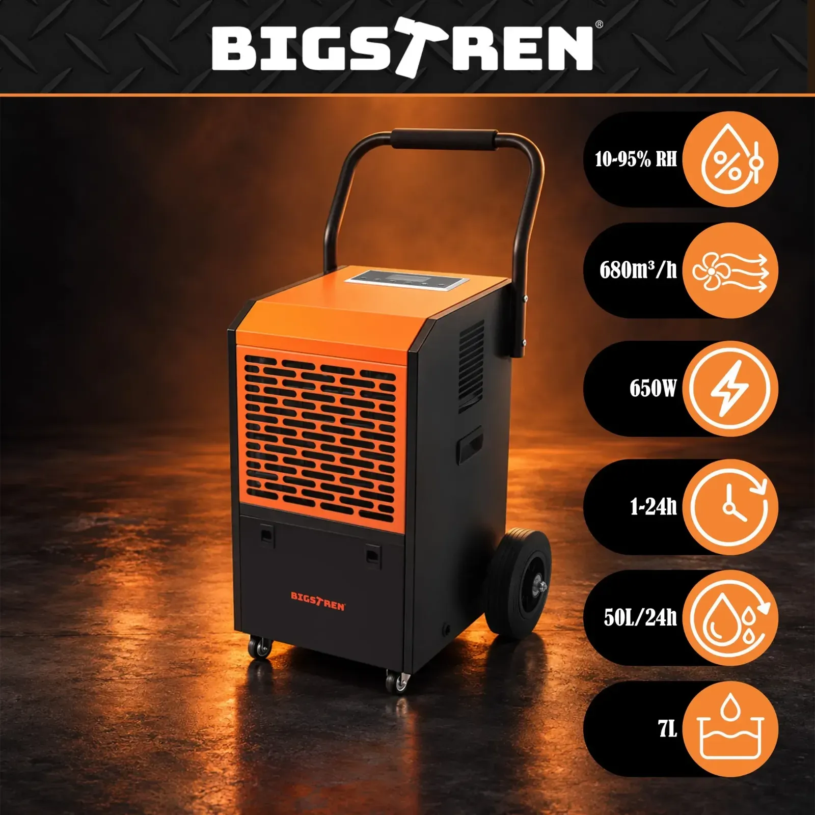 Průmyslový odvlhčovač vzduchu 50 l/24 h, příkon 650 W, regulace vlhkosti, trvalý odvod vody, nádrž 7 l