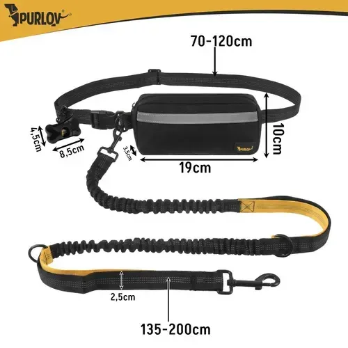Hands-free vodítko s bederním pásem pro psy do 50 kg, tlumič nárazů, reflexní prvky, taška, sáčky, nastavitelné 1,35–2 m