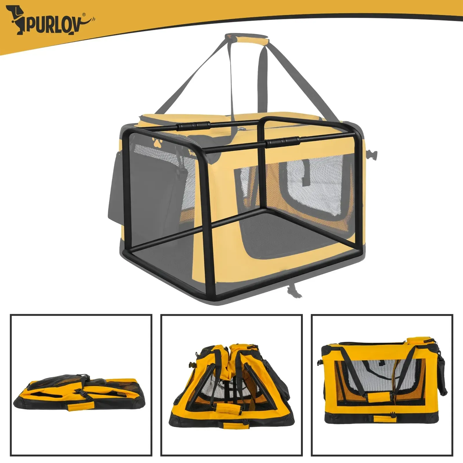 Přepravní taška pro psy a kočky skládací 60×42×44 cm, nosnost 25 kg, 3 vstupy, síťovina, kovový rám, podložka