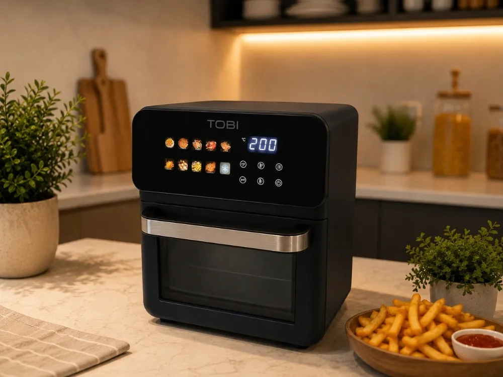 Černá horkovzdušná fritéza bez oleje 16l 2400W s dotykovým panelem, 10 programů, cirkulace 360, teplota 80–200 C, prosklená dvířka