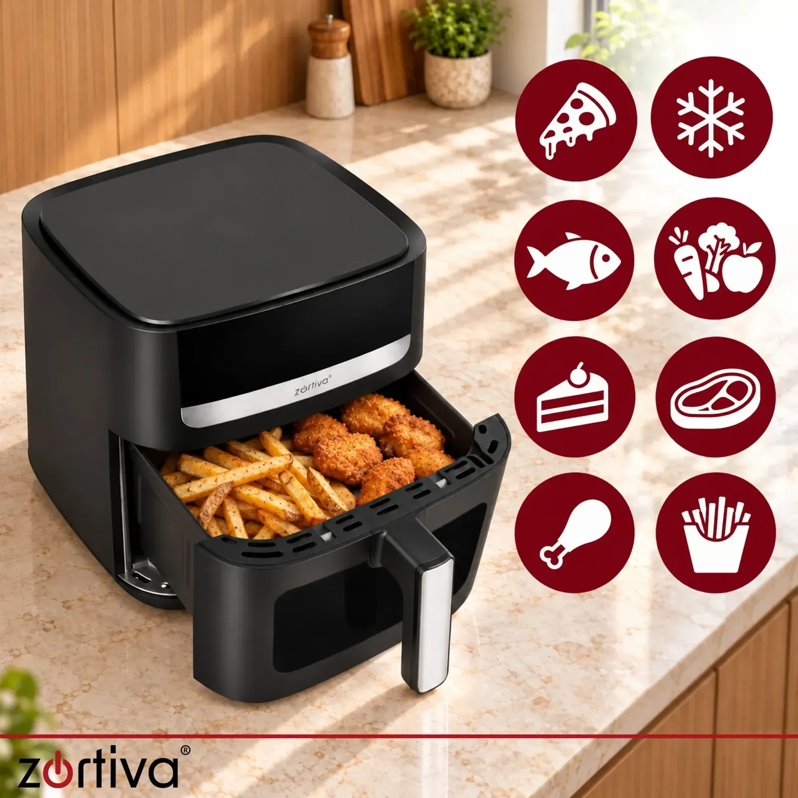 Horkovzdušná fritéza 8 l 1800 W s 8 programy, rozmrazováním, nepřilnavou nádobou a regulací teploty 80 až 200 C