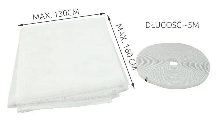 Bílá okenní síť proti hmyzu 130×160 cm, moskytiéra na okno s páskou na suchý zip 5 m, polyester, oříznutelná