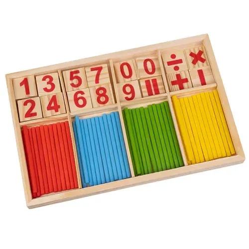 Drevené počítadlo s tyčinkami a číslami 72 dielov, matematické znaky, bambusový box, učenie počítania, farby