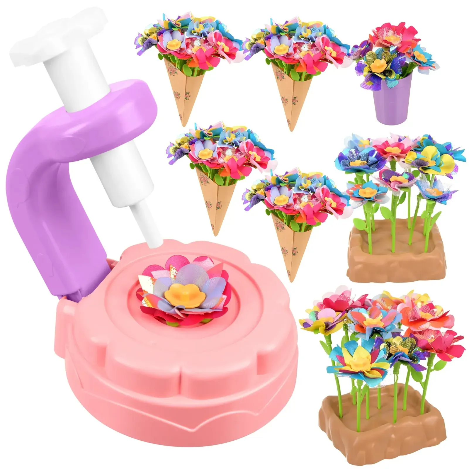 Set creativ pentru realizarea florilor 3D pentru copii, cu aparat, peste 90 de petale din material textil, 28 de tulpini și vază