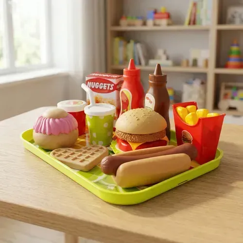 Dětská sada rychlého občerstvení 26 ks, sestavitelný hamburger, hot dog, vafle a hranolky s tácem