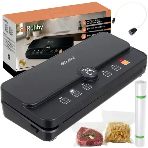 Černá vakuovačka potravin 110W se 6 režimy, sání 80 kPa, řezačka fólie, šířka sáčku 30 cm, sous vide