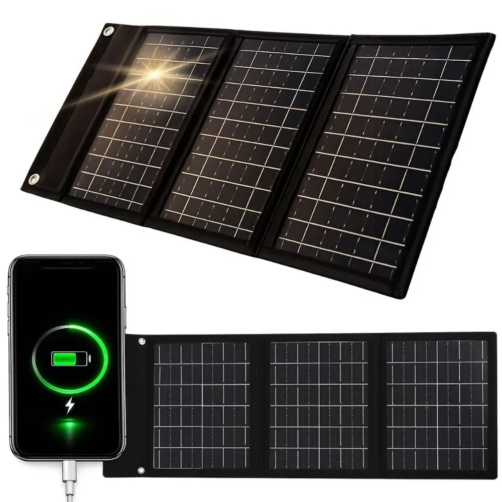 Panou solar portabil pliabil de 20 W cu USB-A și USB-C pentru încărcarea telefoanelor și bateriilor externe în călătorii