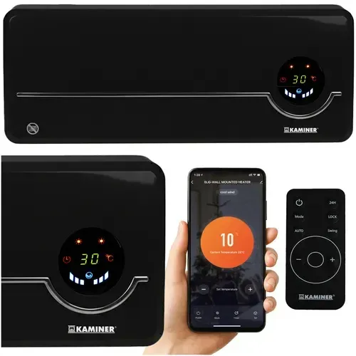 Czarny naścienny grzejnik ceramiczny PTC 1000/2000W, aplikacja WiFi, pilot, oscylacja, tygodniowy timer, tryb ECO
