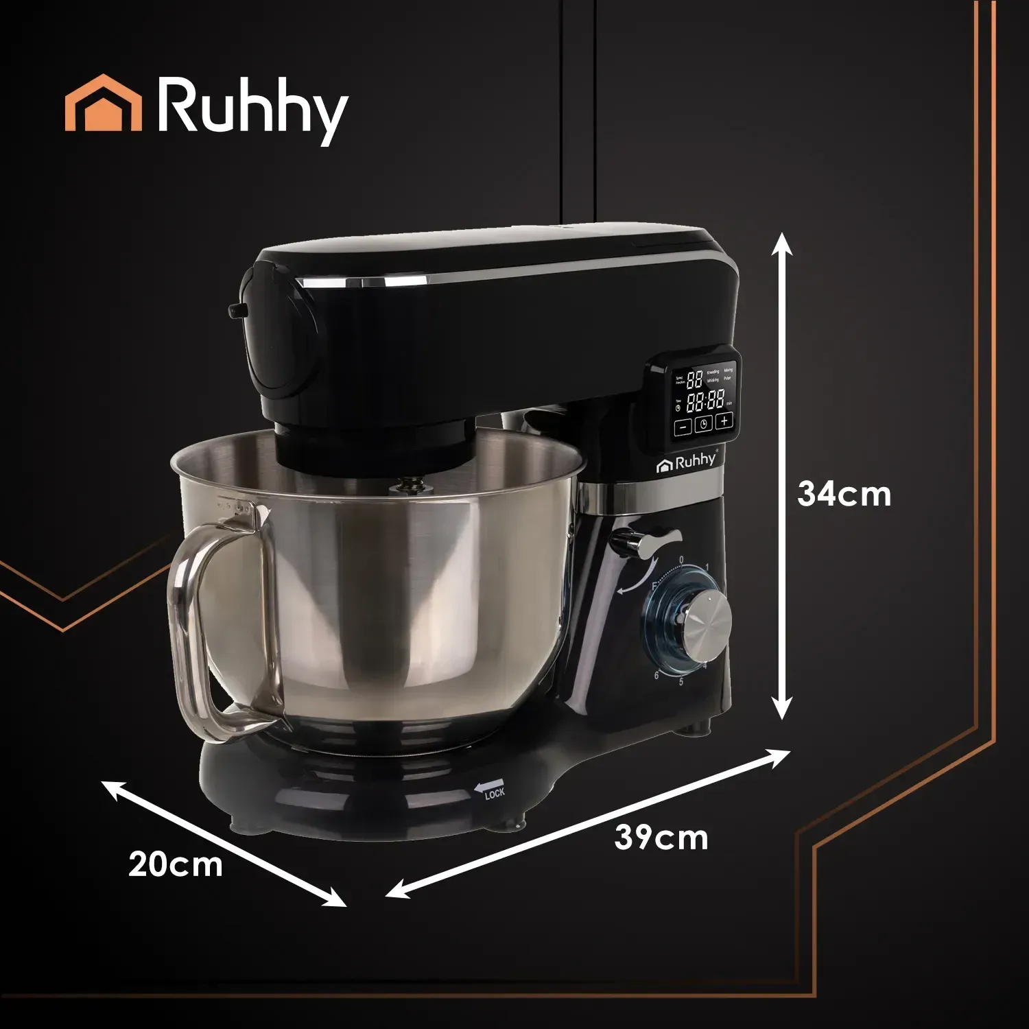 Černý kuchyňský robot planetární 2000W, vyhřívaná mísa 6,2l, mixér 1,5l, mlýnek na maso, těstoviny, dotykový displej