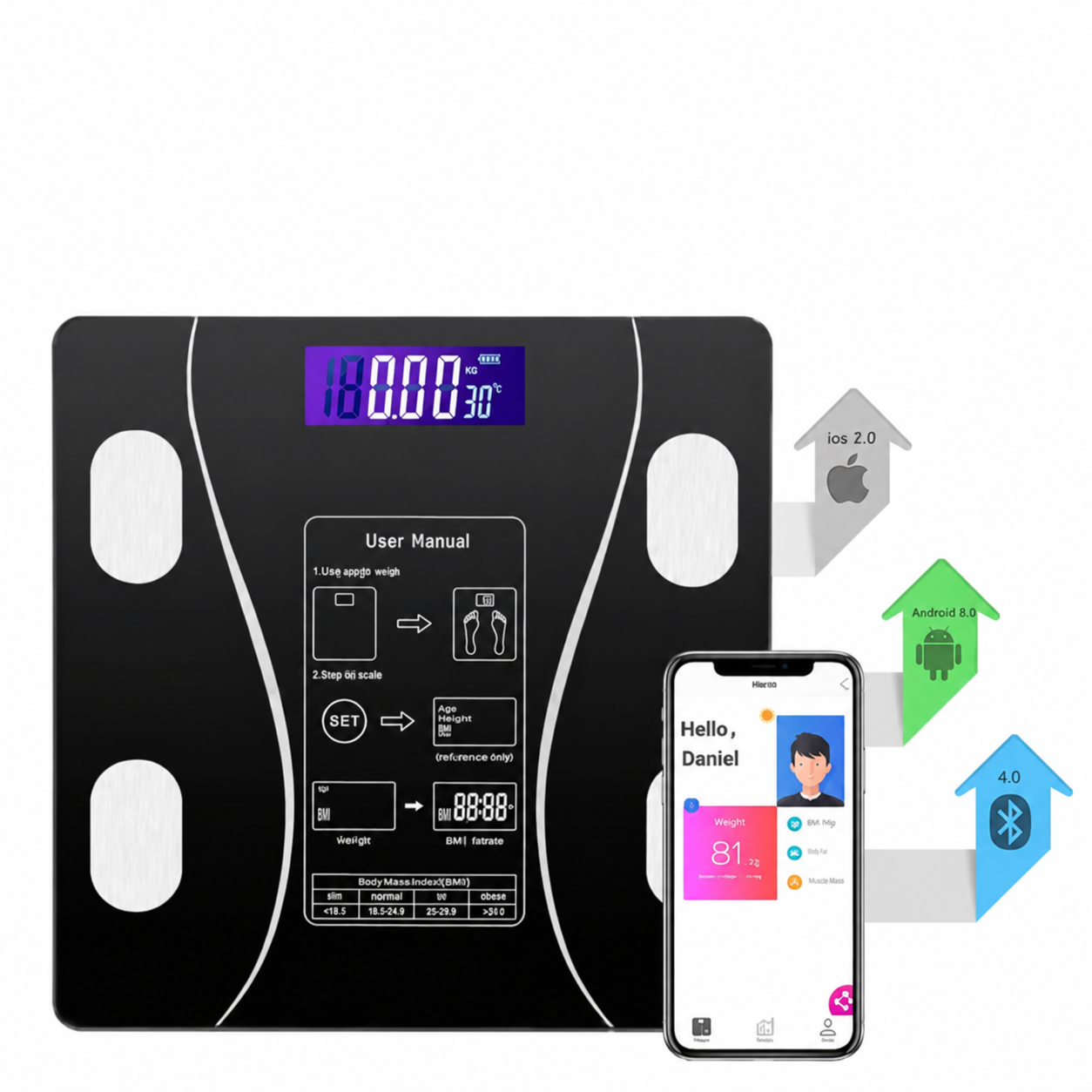 Inteligentna waga osobista 8w1 z Bluetooth do telefonu, analiza ciała BMI, tłuszcz, mięśnie, woda, kości, BMR, do 180kg