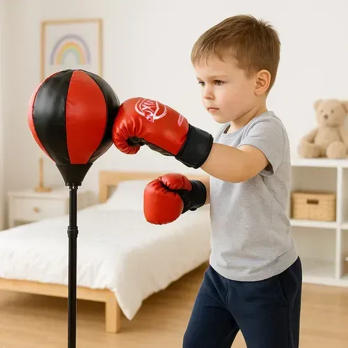 Dětská boxerská sada 3 v 1, nafukovací hruška na stojanu, rukavice a pumpa, nastavitelná výška 70 až 104 cm