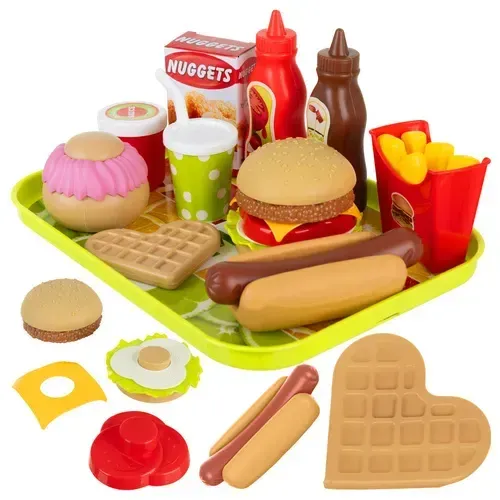26 darabos gyermek gyorséttermi játékkészlet, összeállítható hamburger, hot dog, gofri és sült krumpli tálcával