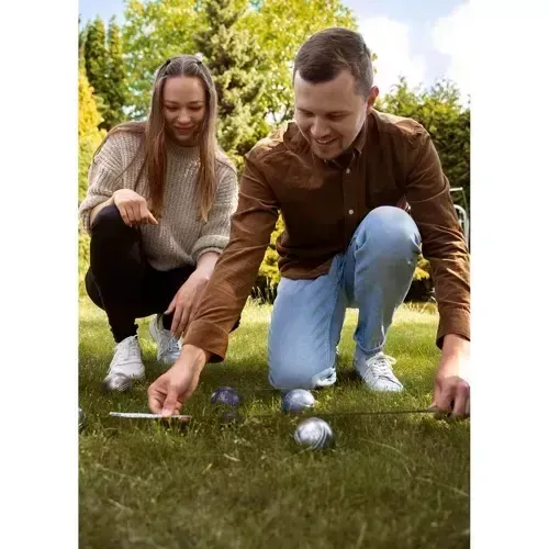 Set de petanque cu 6 bile metalice, bilă țintă din lemn și sfoară de măsurare, în husă