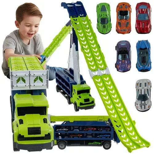 Detský kamión s návesom a autodráhou, 6 kovových autíčok, trecí pohon