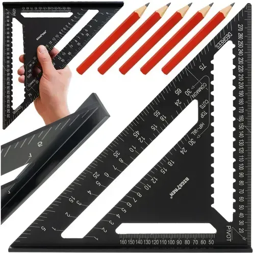 Czarny aluminiowy kątownik ciesielski 12" 30×30 cm, kąty 90° i 45°, skala cm i calowa, ząbkowana krawędź, zestaw 5 ołówków