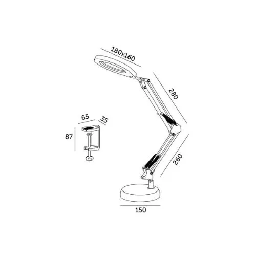 Černá stolní lupa s LED osvětlením 12W, zvětšení 3x, kloubové rameno 65cm, 2700-6500K, 10 stupňů jasu