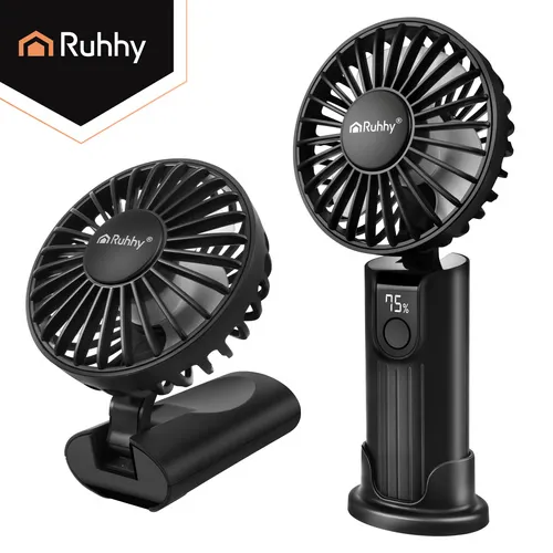 Černý přenosný mini ventilátor 4v1 ruční stolní a na krk, 4 rychlosti, aku 2400 mAh, výdrž 3–9h, USB-C