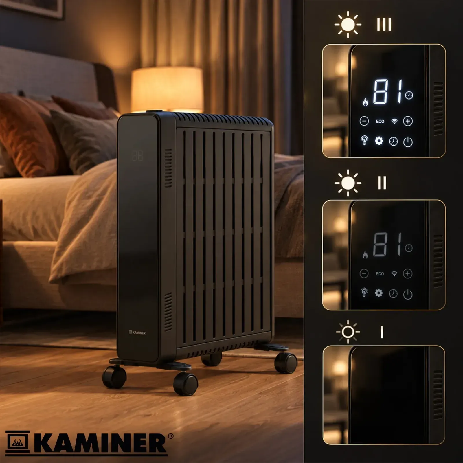 Radiator electric cu ulei negru de 2500 W cu termostat, 11 elemenți, control de la distanță prin WiFi