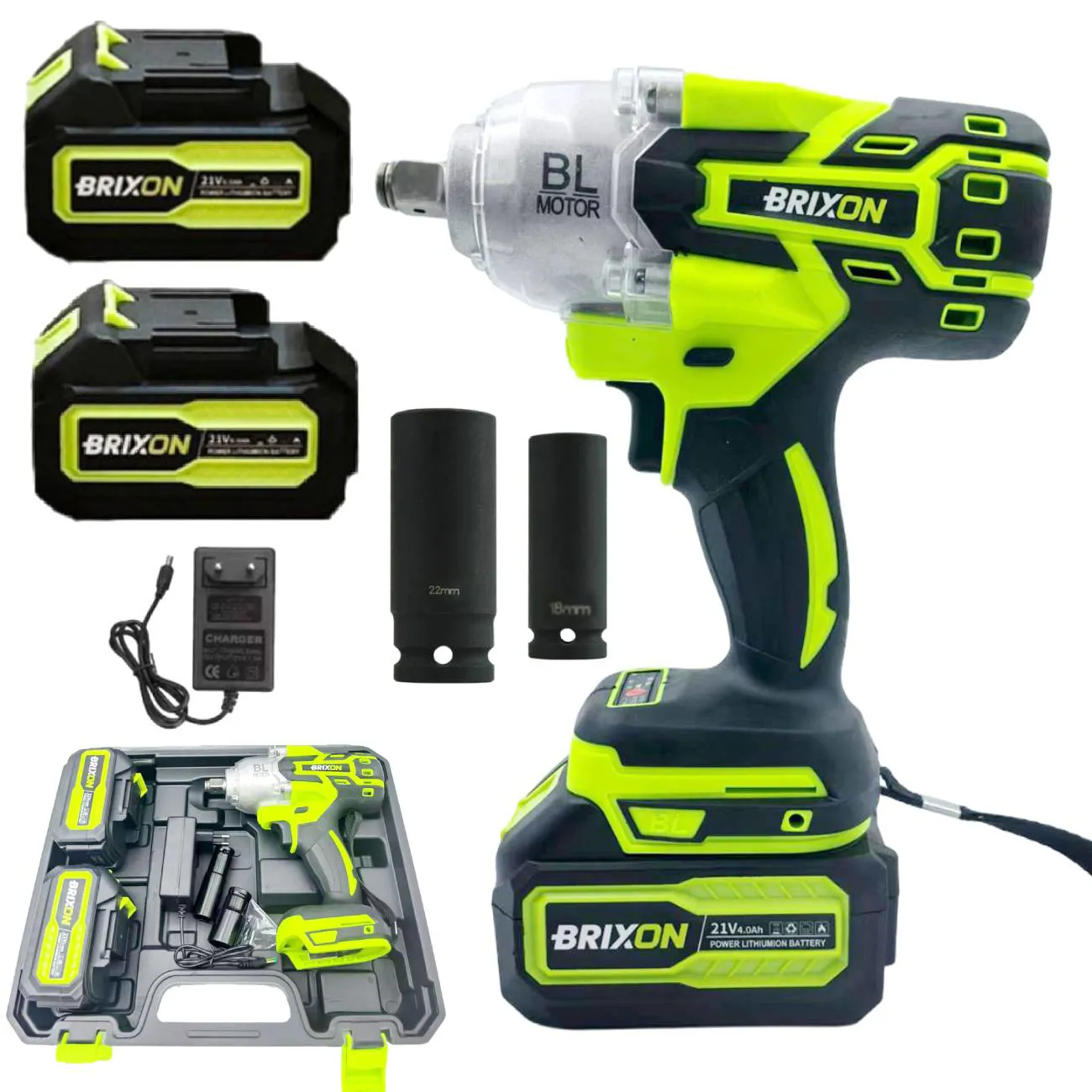 Akkus ütvecsavarozó 600 Nm, 2 akkumulátorral, 2800 ford./perc, 18 és 22 mm-es dugókulcsokkal és töltővel