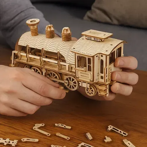 Fa 3D puzzle gőzmozdony szerkocsival, 282 darab, ragasztó nélküli összeállítás