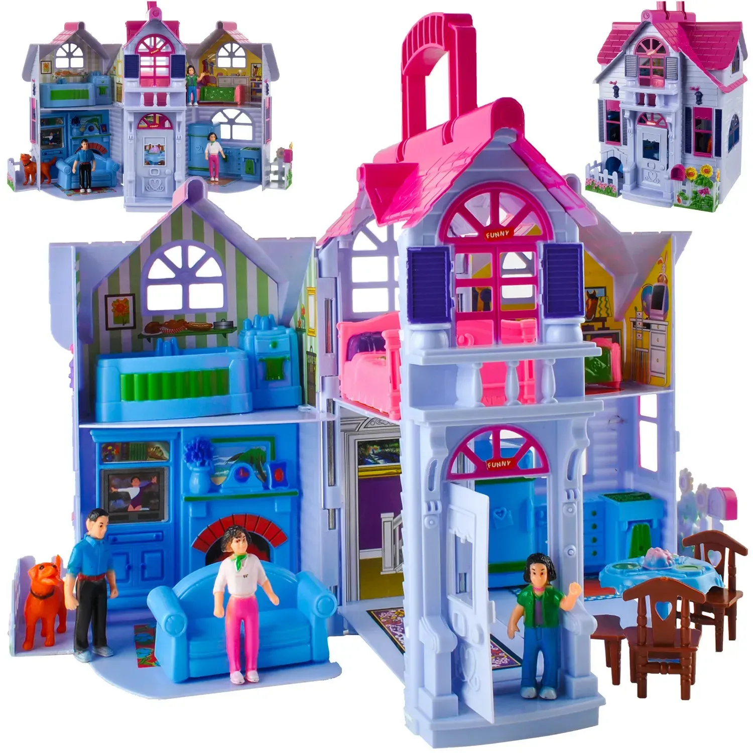 Căsuță pliabilă pentru păpuși cu 6 camere, mobilier, 3 figurine și un câine