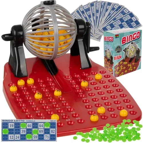 Joc de societate Bingo cu tambur pentru extragere, cartonașe și jetoane pentru 2 sau mai mulți jucători