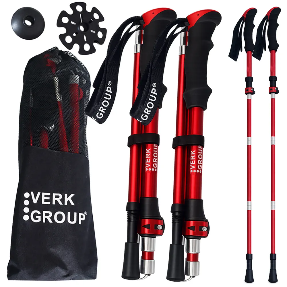 Czerwone składane kije trekkingowe 2 szt., aluminium, Anti-Shock, 114–135 cm, 3 groty