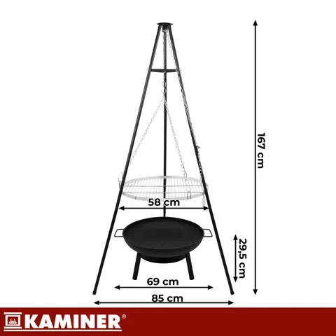Függesztett grill háromlábon tűzrakóhellyel, 58 cm-es rozsdamentes rács, állítható magasság