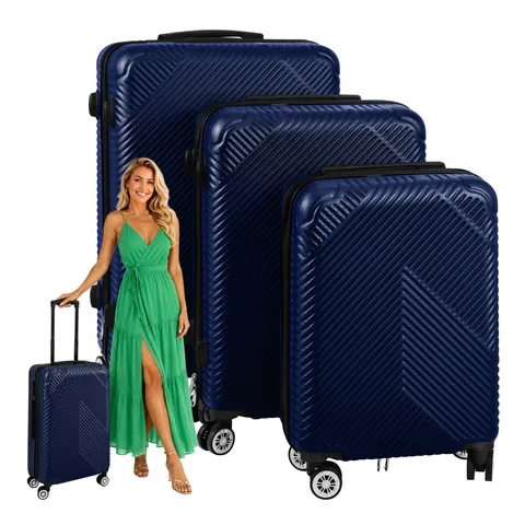 Set de valize de călătorie bleu închis 3 bucăți pe 4 roți, lacăt combinat, 39l 
