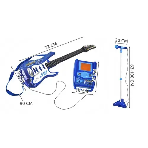 Modrá detská elektrická gitara 72 cm so zosilňovačom a mikrofónom, MP3 vstup, blikajúce svetlá, na batérie