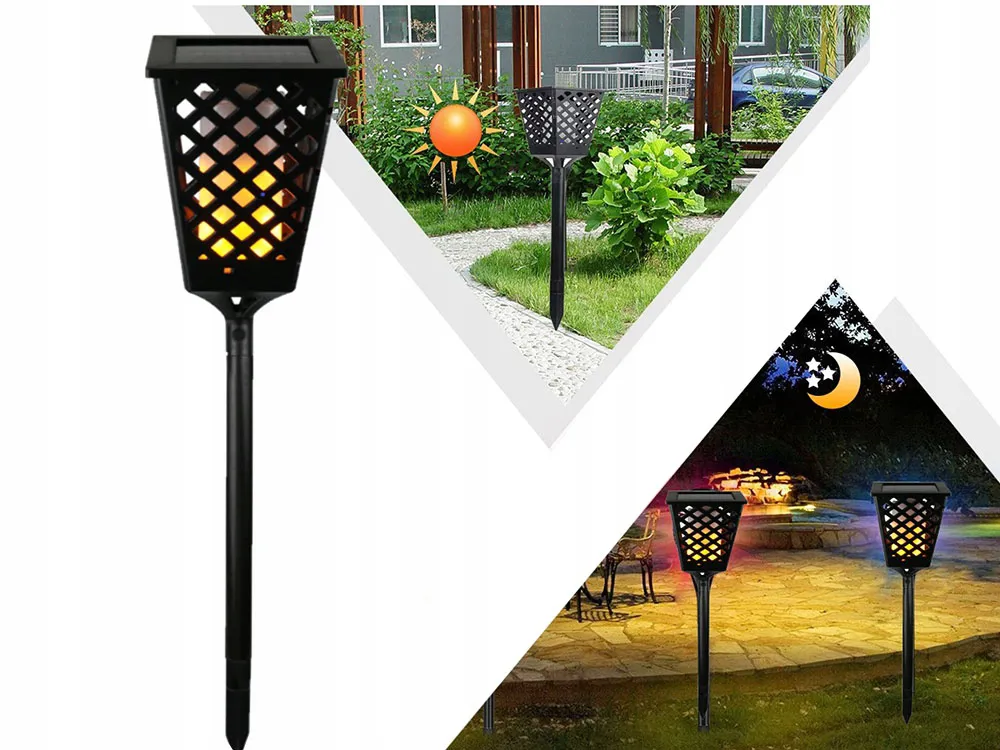 Solární zahradní lucerna s imitací plamene, zapichovací, nastavitelná výška 59–107 cm, IP65, soumrakový senzor