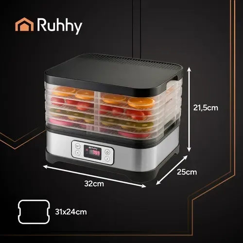 Suszarka do żywności ze stali nierdzewnej 400W, 5 tac 10 l, temperatura 35–70°C, timer 24h, wyświetlacz LCD, do grzybów, owoców, warzyw, ziół