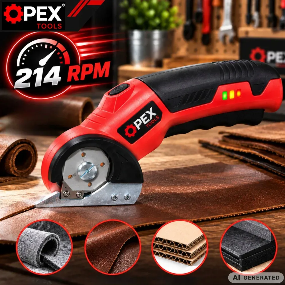 Akkumulátoros körkéses olló kartonhoz, szőnyegekhez és textíliákhoz, 1500 mAh akkumulátor, USB-C töltés, LED-világítás