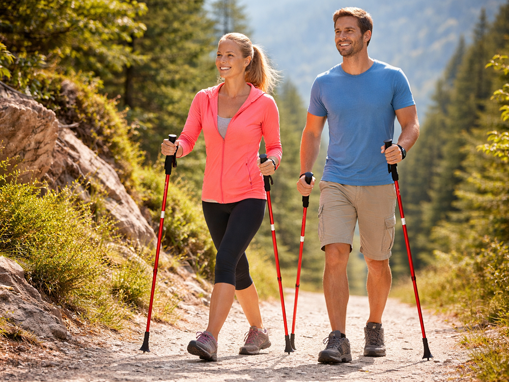 Czerwone składane kije trekkingowe 2 szt., aluminium, Anti-Shock, 114–135 cm, 3 groty