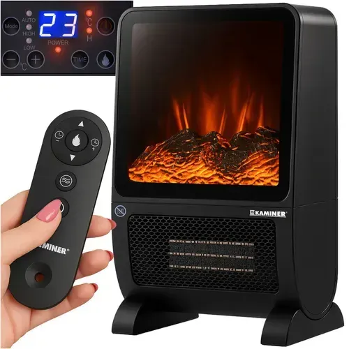 Grzejnik elektryczny z efektem kominka 2000W, ceramiczny PTC, wyświetlacz LCD, pilot, timer 1–8h