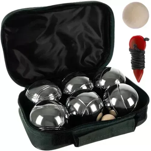 Petanque sada 6 kovových koulí s dřevěným prasátkem a měřicím provázkem v pouzdře
