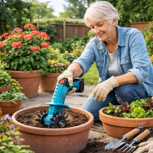 Aku ručný kultivátor 350 W s 2 batériami, záber 16 cm, hĺbka 19,5 cm, 2 oceľové nože, nabíjačka