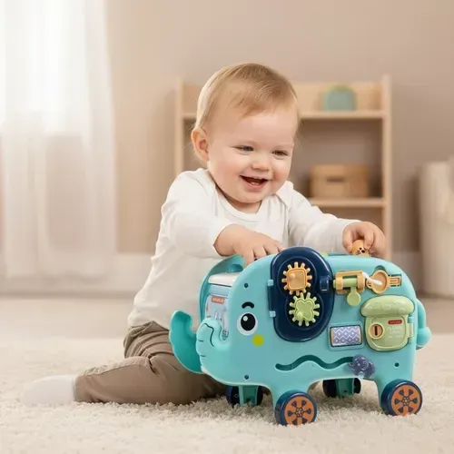Montessori hračka slon s ozubenými koly a vkládačkou, 4 kostky a kladívko
