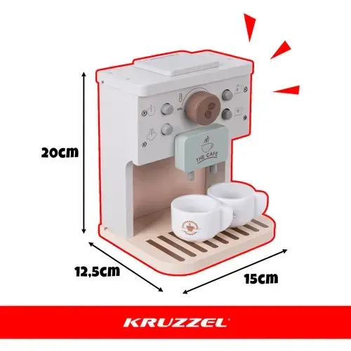 Espressor din lemn pentru copii pentru bucătăria de jucărie, set de 8 piese cu 2 cești, cutie de lapte și 4 capsule