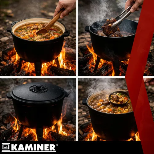 Ceaun din fontă emailat negru 8 l pentru vatră cu capac, picioare detașabile, mâner pentru agățare, pentru foc de tabără și șemineu