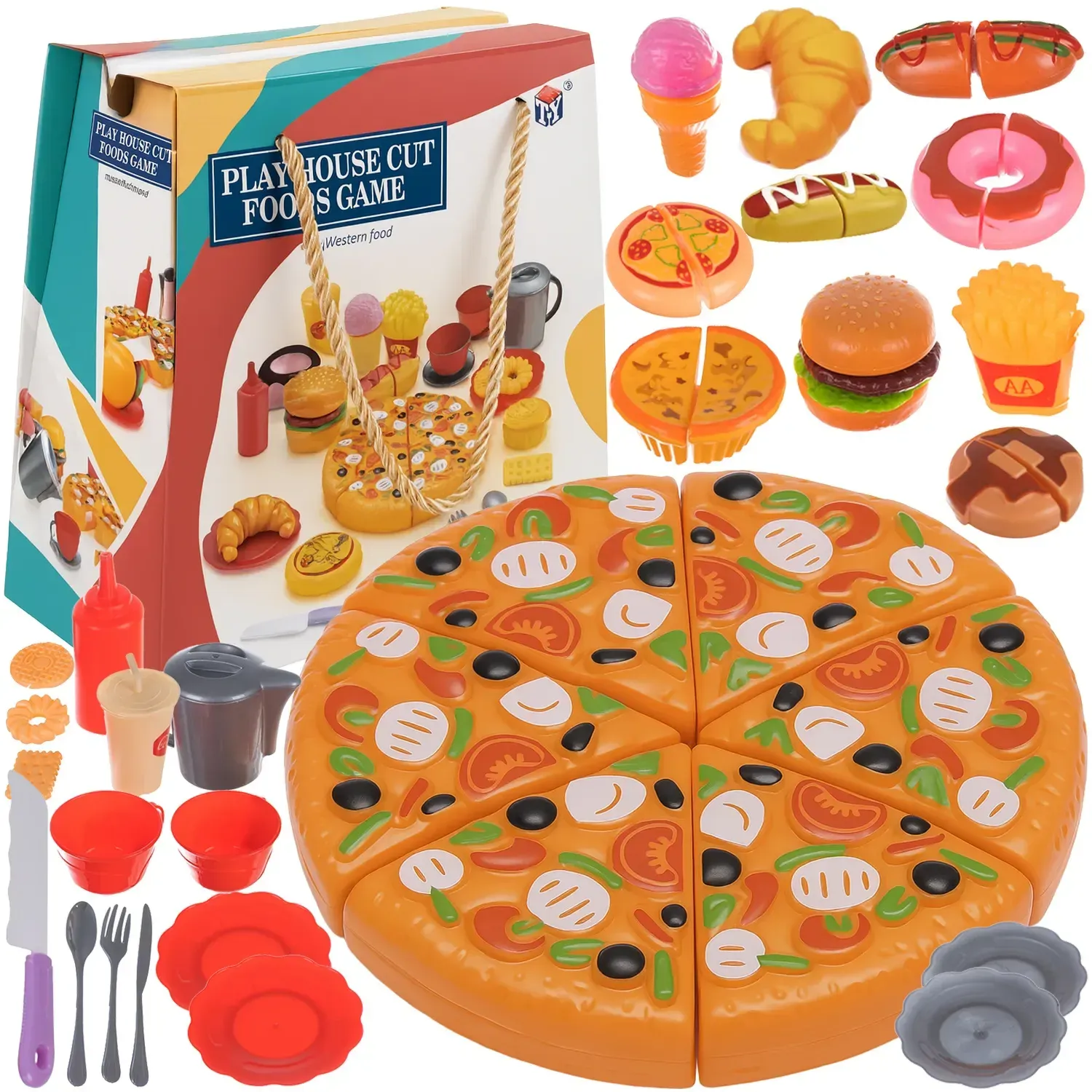 Dětská sada rychlého občerstvení 42 dílů, pizza na krájení se suchým zipem, hamburger a hranolky