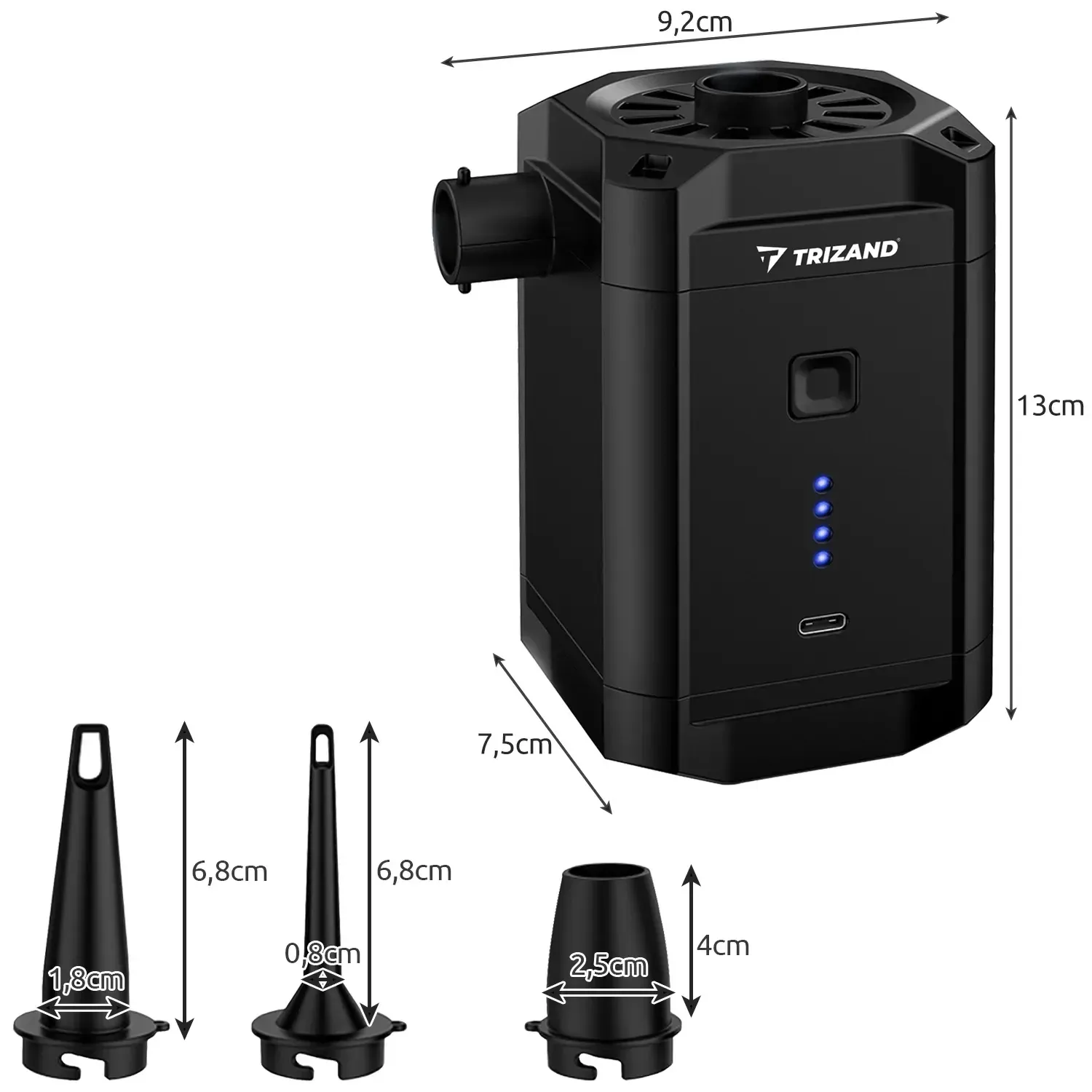 Černá aku pumpa na matrace s funkcí vyfukování, 3 nástavce, USB C