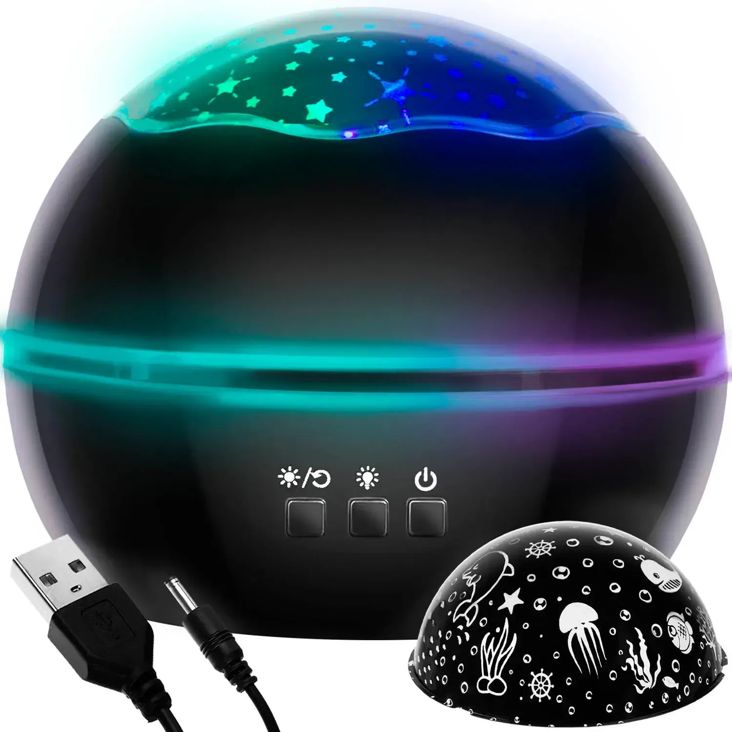 Černý dětský projektor noční oblohy a podmořského světa 2v1, 4 barvy, otočná kopule, 2 filtry, USB i baterie